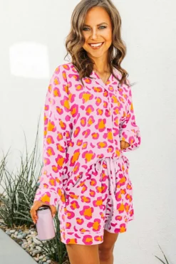 Best Dear-Lover Leopard Print Long Sleeve Shirt and Shorts Pajama Set Pink