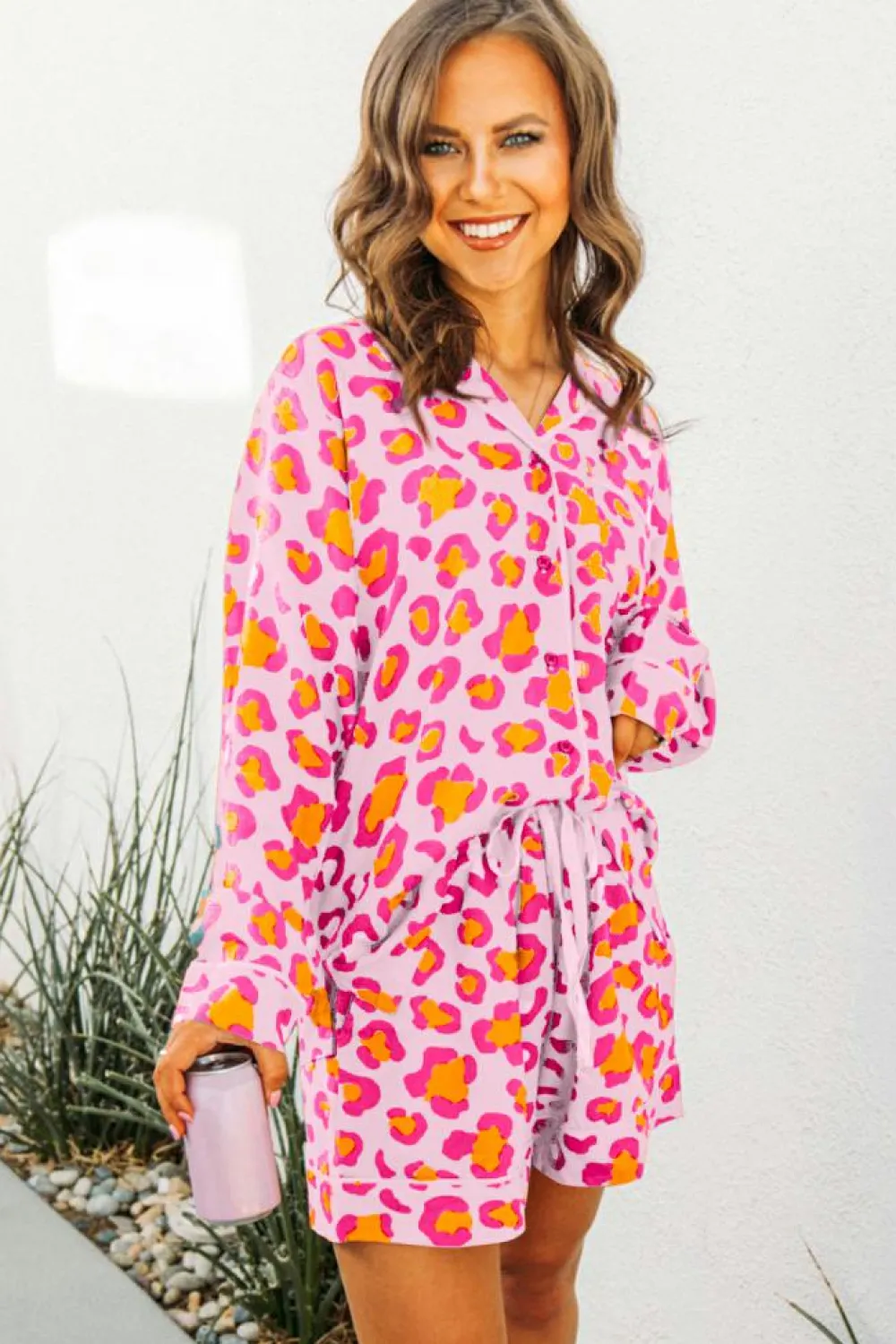 Best Dear-Lover Leopard Print Long Sleeve Shirt and Shorts Pajama Set Pink