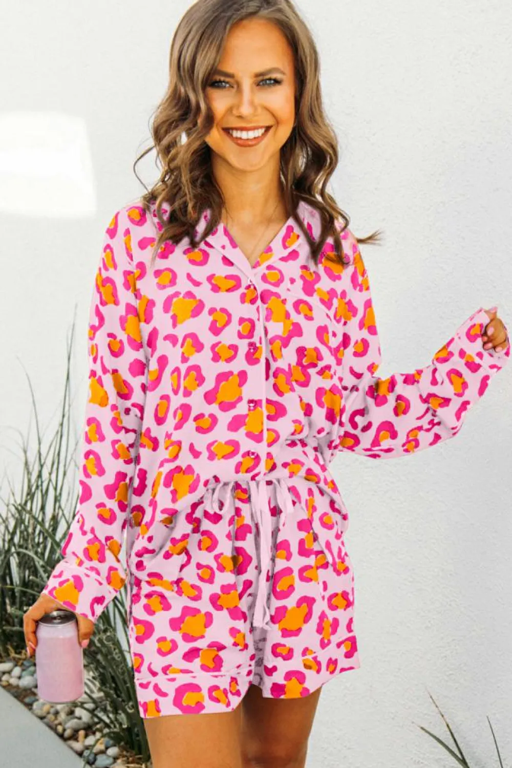 Best Dear-Lover Leopard Print Long Sleeve Shirt and Shorts Pajama Set Pink