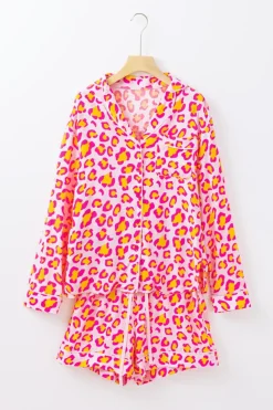 Best Dear-Lover Leopard Print Long Sleeve Shirt and Shorts Pajama Set Pink