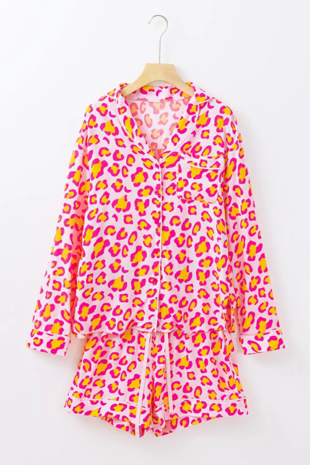 Best Dear-Lover Leopard Print Long Sleeve Shirt and Shorts Pajama Set Pink