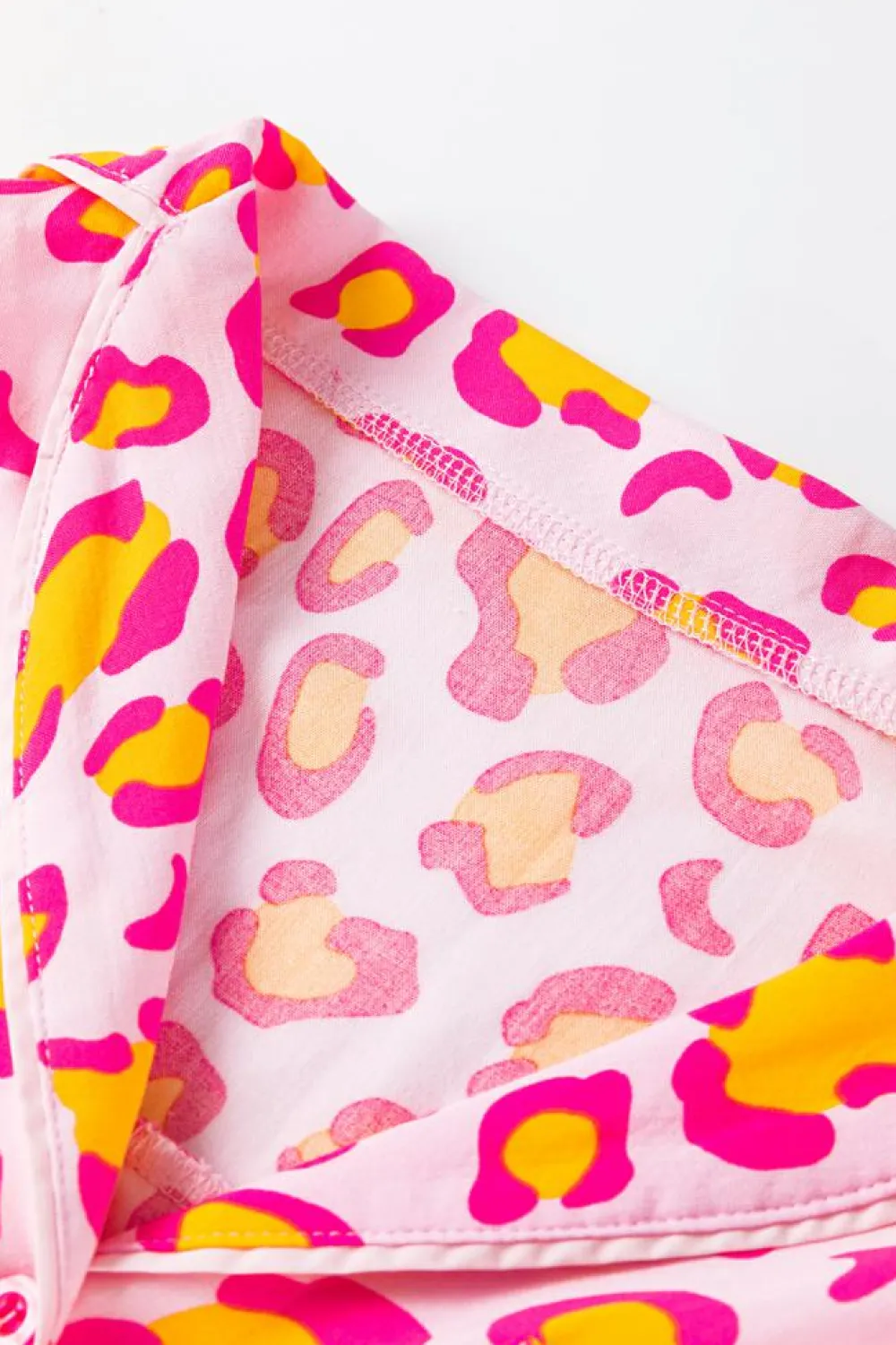 Best Dear-Lover Leopard Print Long Sleeve Shirt and Shorts Pajama Set Pink