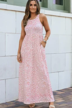 Fashion Dear-Lover Leopard Print Pocketed Sleeveless Maxi Dress Pink