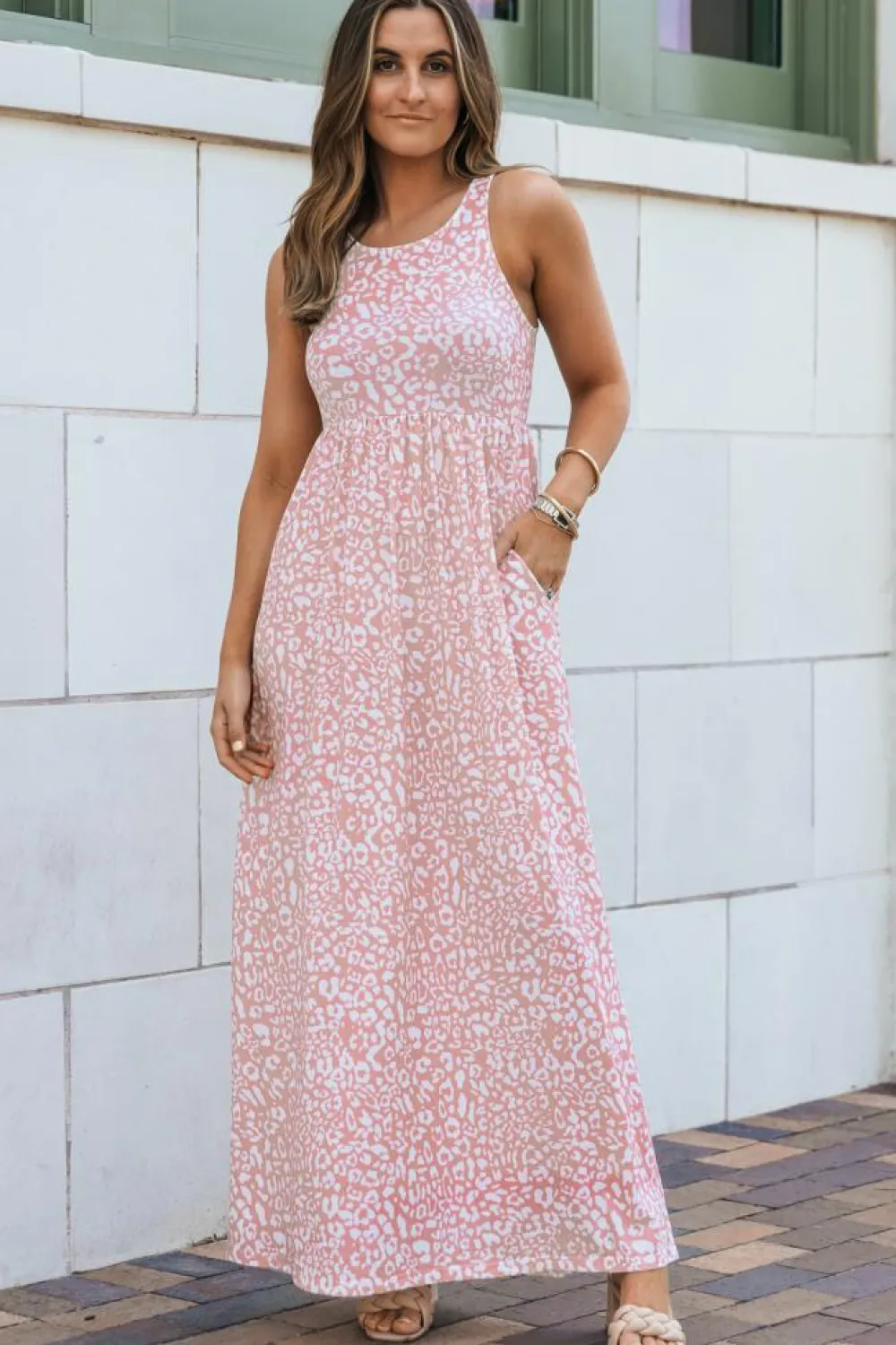 Fashion Dear-Lover Leopard Print Pocketed Sleeveless Maxi Dress Pink