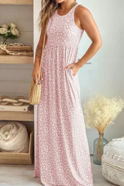 Fashion Dear-Lover Leopard Print Pocketed Sleeveless Maxi Dress Pink