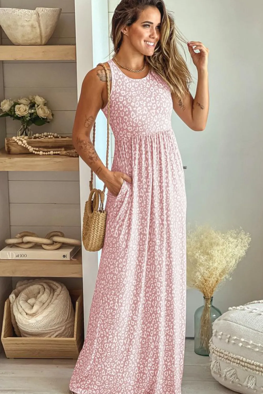 Fashion Dear-Lover Leopard Print Pocketed Sleeveless Maxi Dress Pink