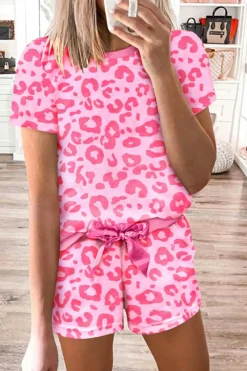 Outlet Dear-Lover Leopard Print Tee and Satin Tie Shorts Lounge Set Pink