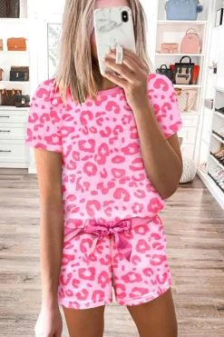 Outlet Dear-Lover Leopard Print Tee and Satin Tie Shorts Lounge Set Pink