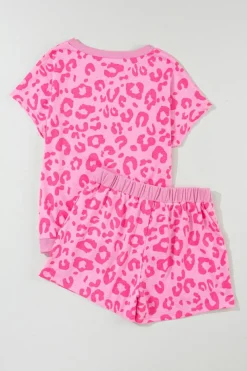 Outlet Dear-Lover Leopard Print Tee and Satin Tie Shorts Lounge Set Pink