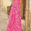 New Dear-Lover Leopard Ruffle Straps Smocked High Waist Long Dress Pink