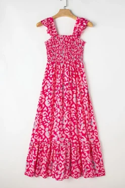 New Dear-Lover Leopard Ruffle Straps Smocked High Waist Long Dress Pink
