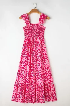 New Dear-Lover Leopard Ruffle Straps Smocked High Waist Long Dress Pink