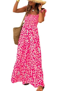 New Dear-Lover Leopard Ruffle Straps Smocked High Waist Long Dress Pink