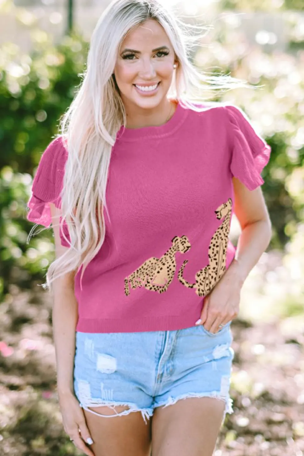 Hot Dear-Lover Leopard Ruffled Sleeve Round Neck Knit Sweater Pink