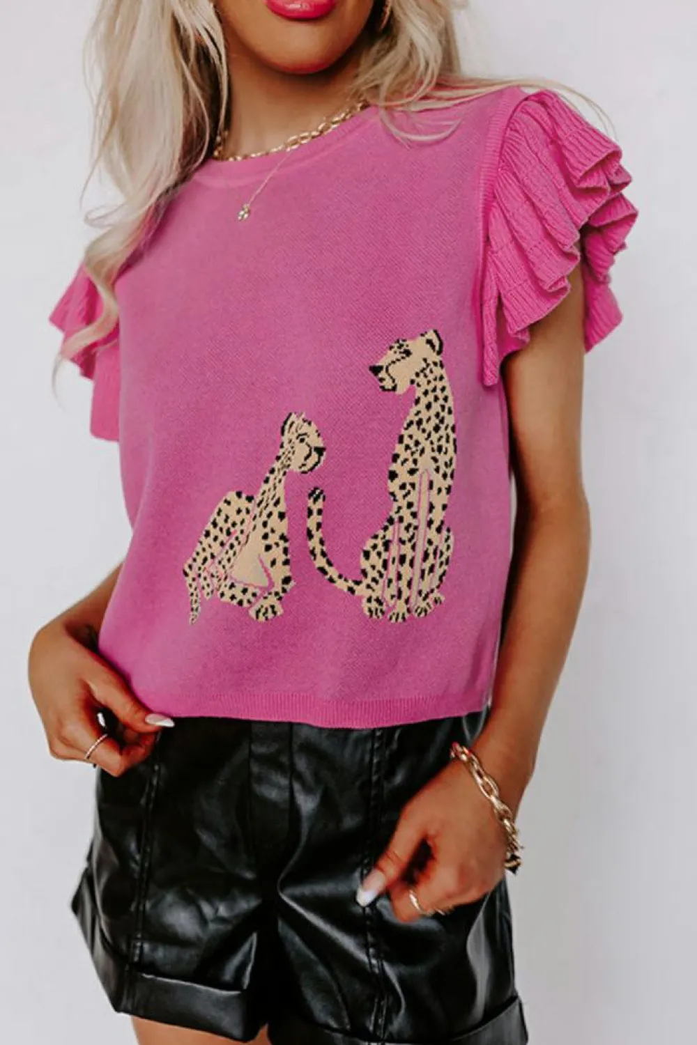 Hot Dear-Lover Leopard Ruffled Sleeve Round Neck Knit Sweater Pink