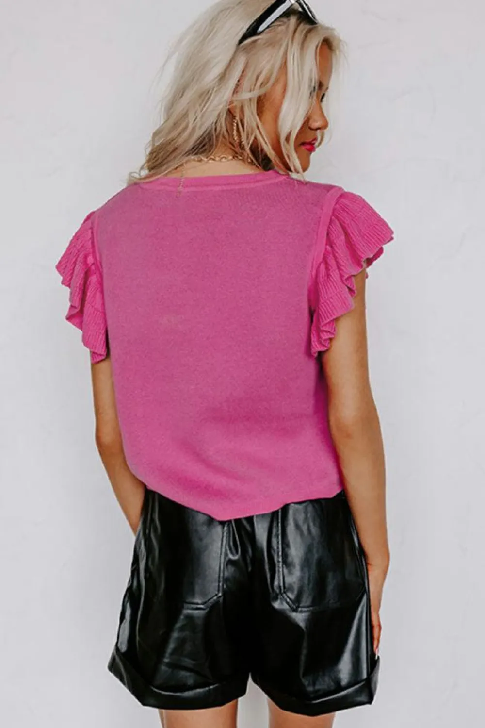 Hot Dear-Lover Leopard Ruffled Sleeve Round Neck Knit Sweater Pink