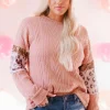 Sale Dear-Lover Leopard Sequin Splicing Sleeves Textured Knit Top Pink