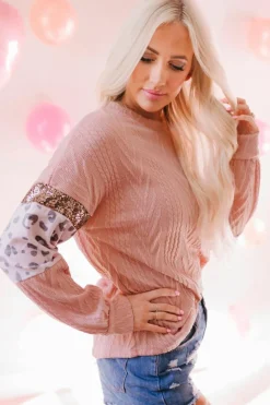 Sale Dear-Lover Leopard Sequin Splicing Sleeves Textured Knit Top Pink