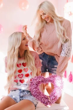 Sale Dear-Lover Leopard Sequin Splicing Sleeves Textured Knit Top Pink