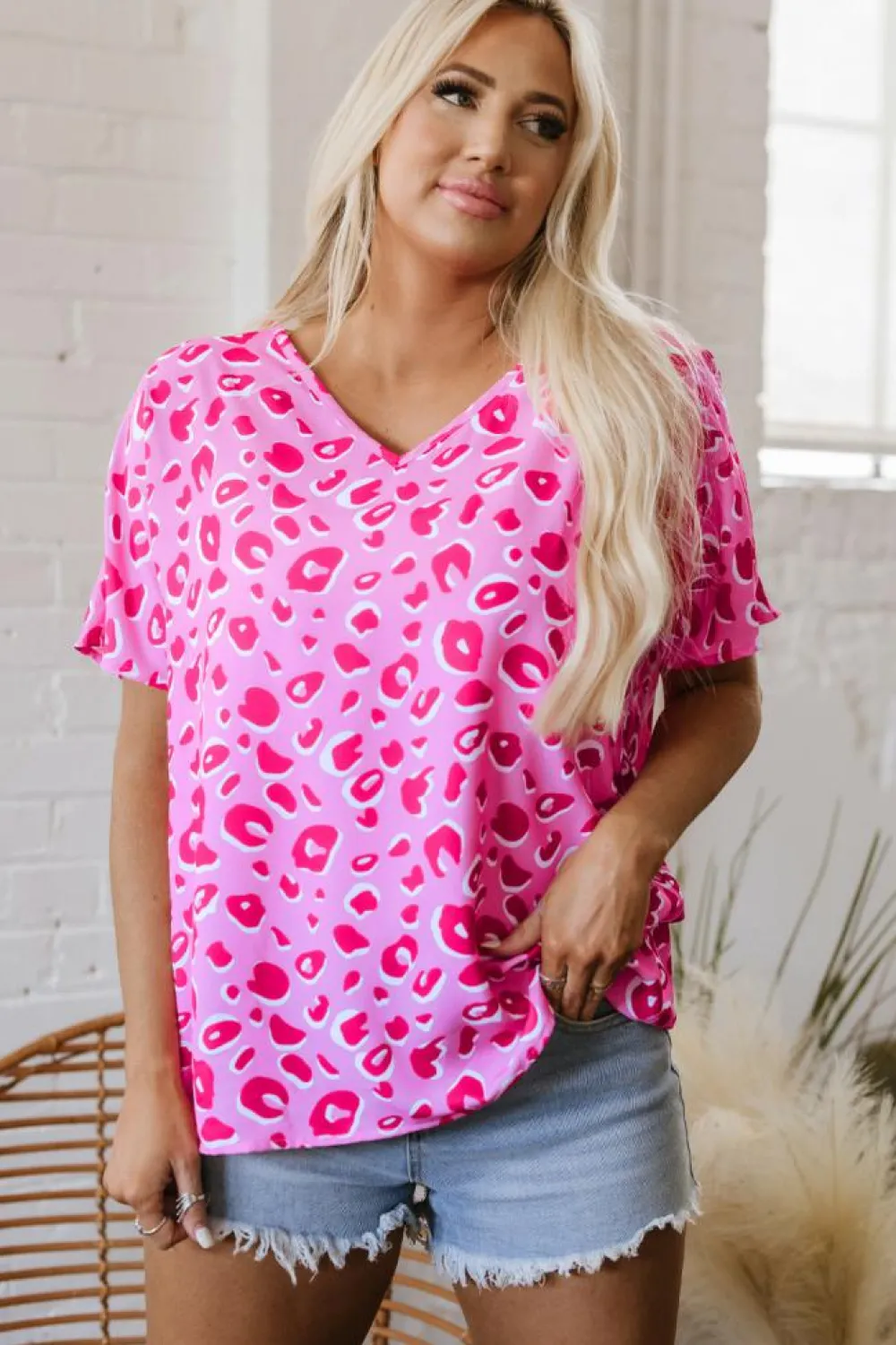 Fashion Dear-Lover Leopard V Neck Loose Short Sleeve Top Pink