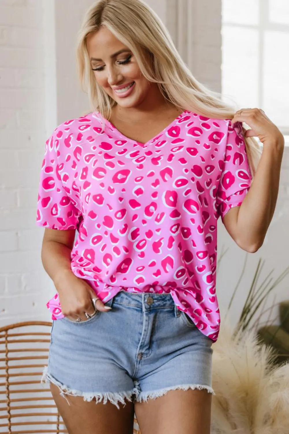 Fashion Dear-Lover Leopard V Neck Loose Short Sleeve Top Pink