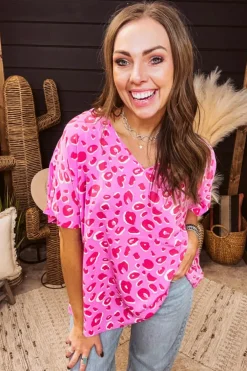 Fashion Dear-Lover Leopard V Neck Loose Short Sleeve Top Pink