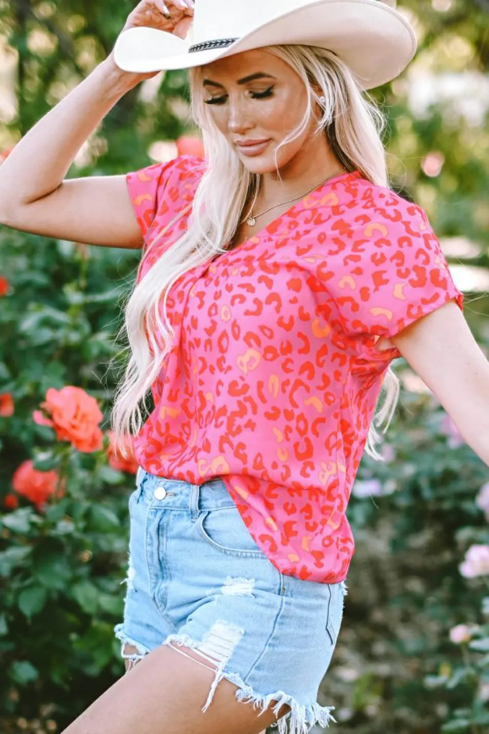 Best Dear-Lover Leopard V Neck Short Sleeve Blouse Pink