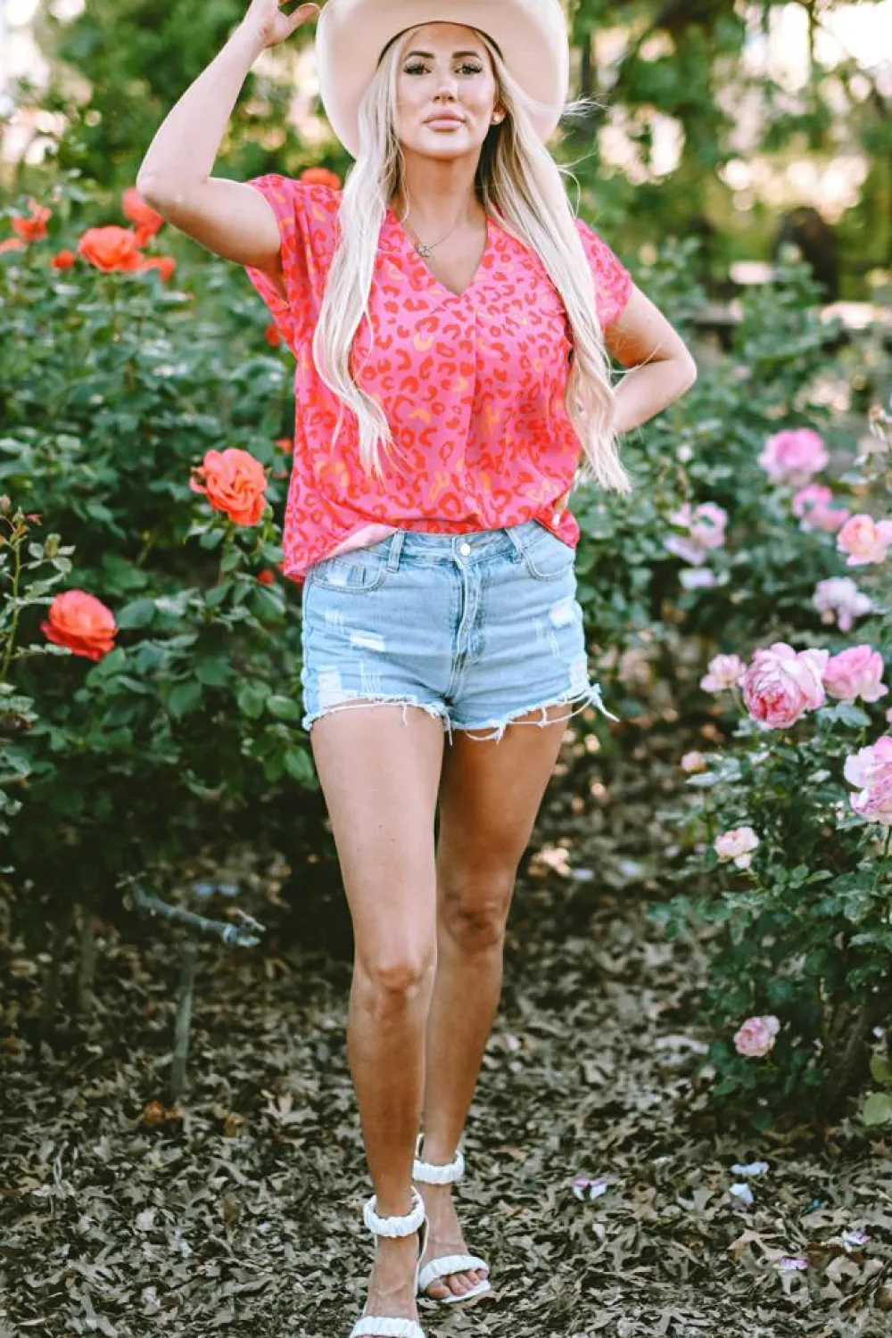 Best Dear-Lover Leopard V Neck Short Sleeve Blouse Pink