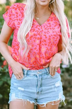 Best Dear-Lover Leopard V Neck Short Sleeve Blouse Pink