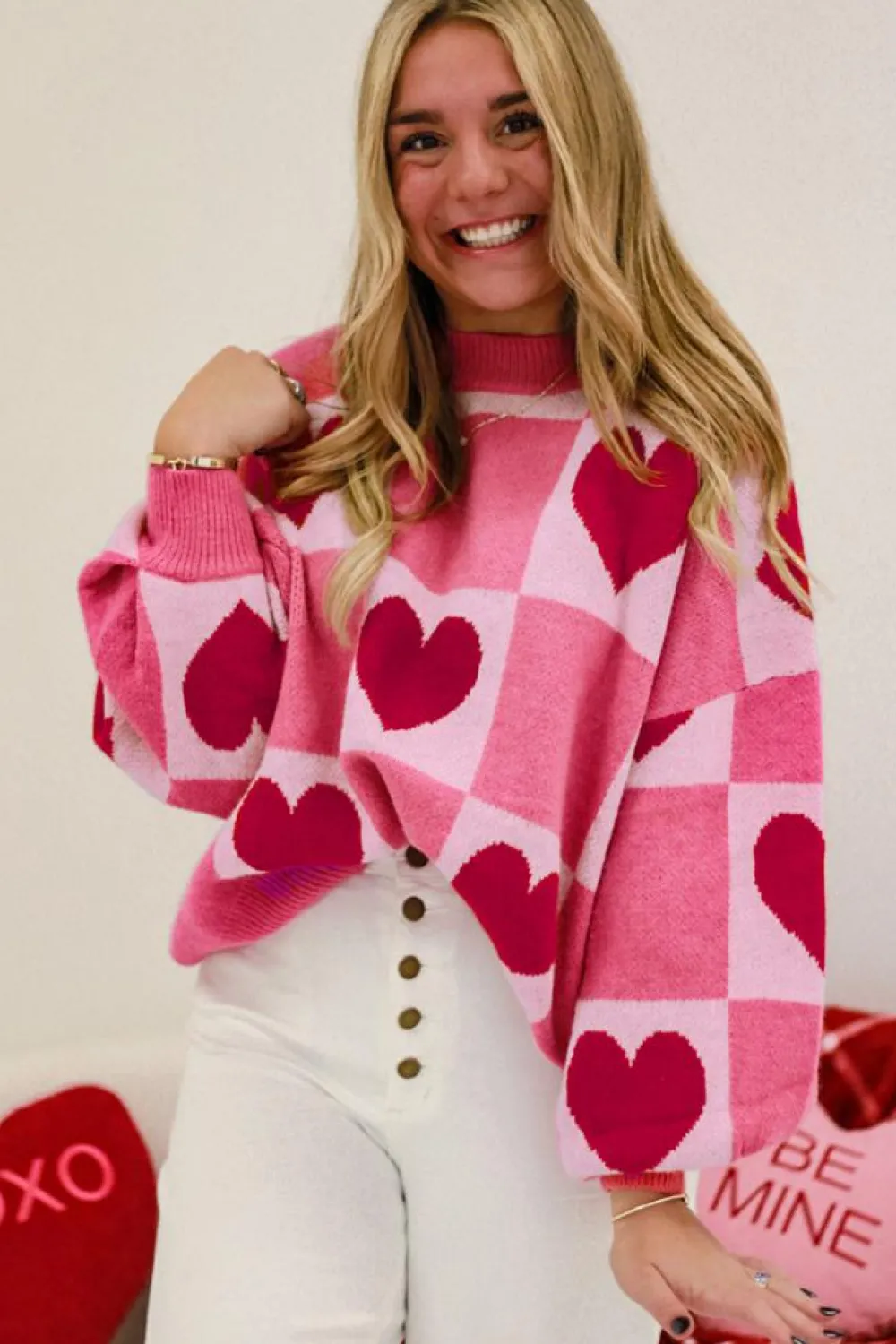 Sale Dear-Lover Love Heart Checkered Valentine Crew Neck Sweater Pink