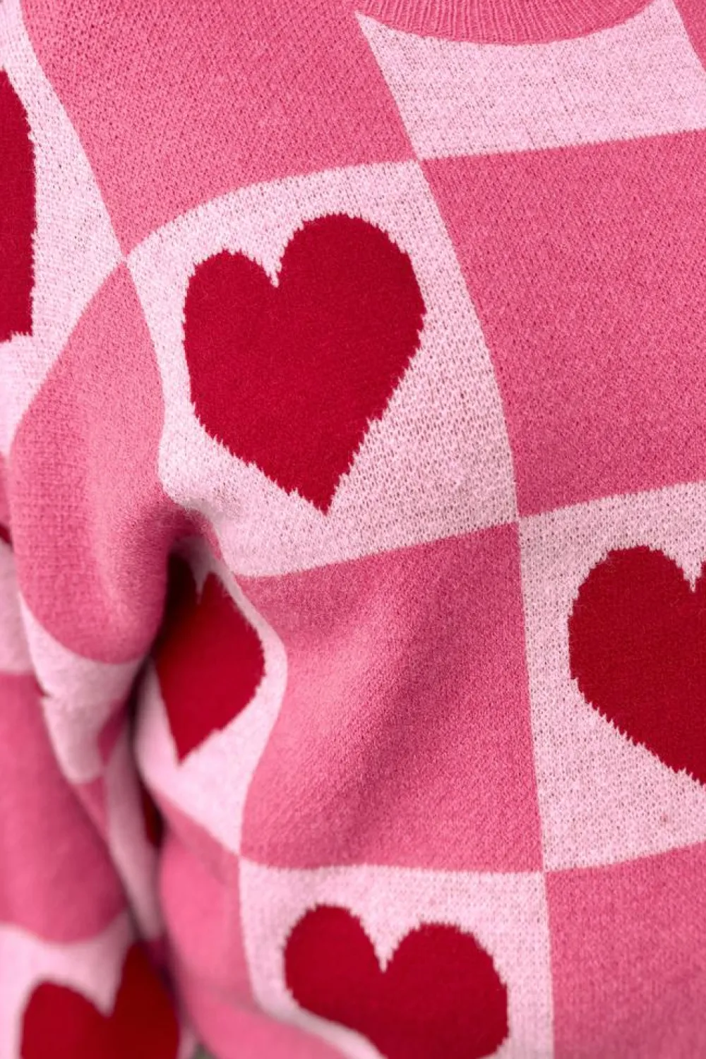 Sale Dear-Lover Love Heart Checkered Valentine Crew Neck Sweater Pink