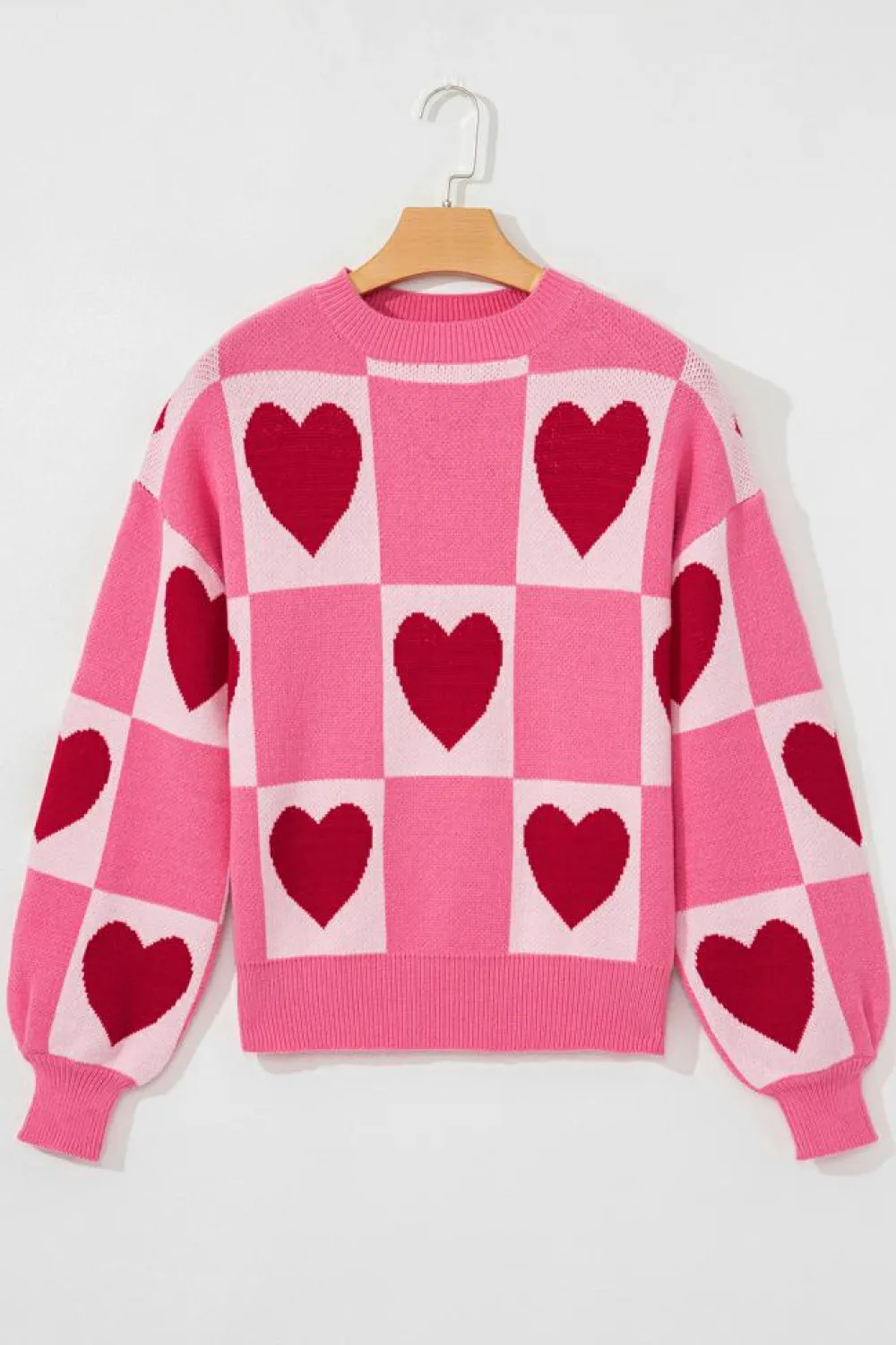 Sale Dear-Lover Love Heart Checkered Valentine Crew Neck Sweater Pink