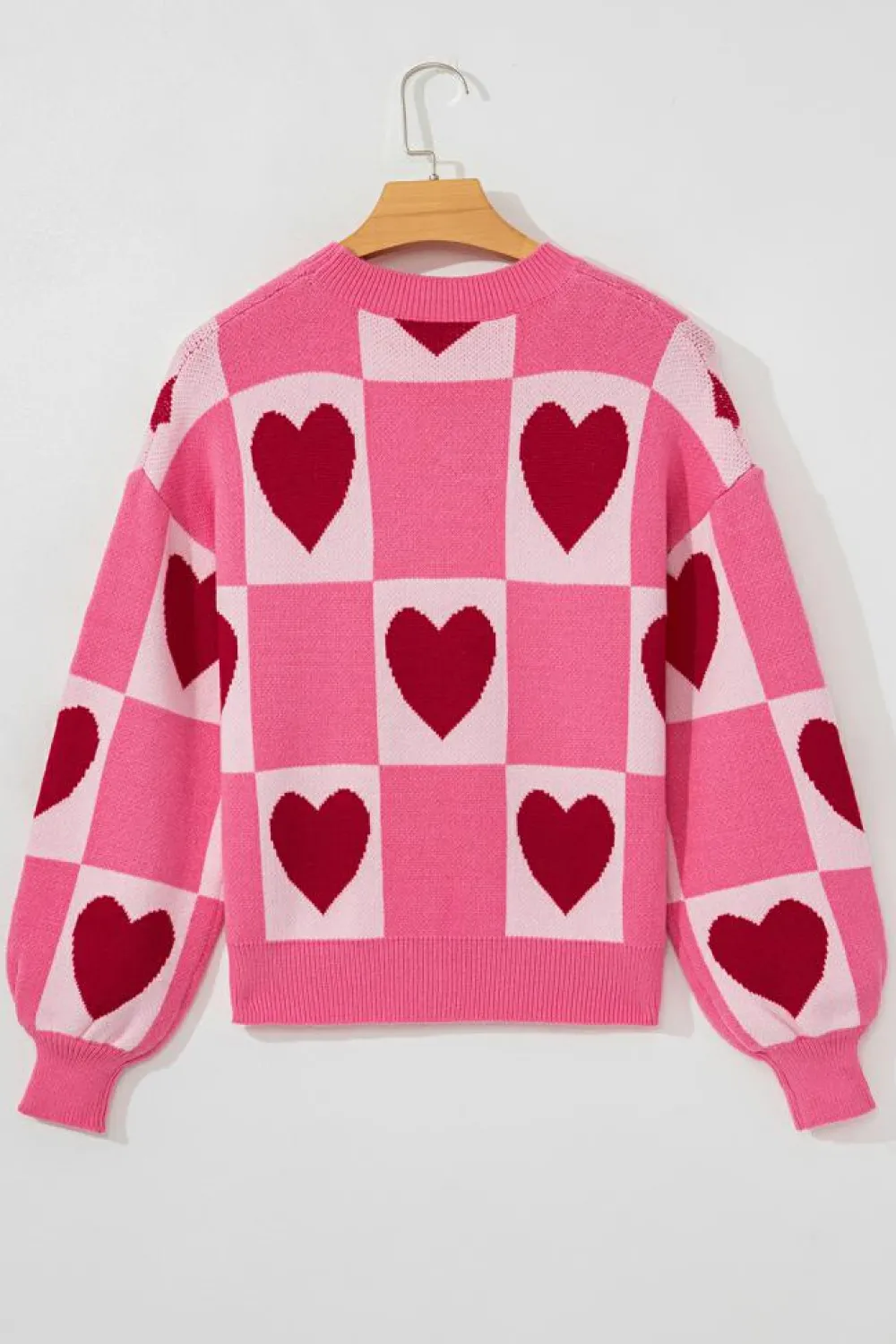 Sale Dear-Lover Love Heart Checkered Valentine Crew Neck Sweater Pink