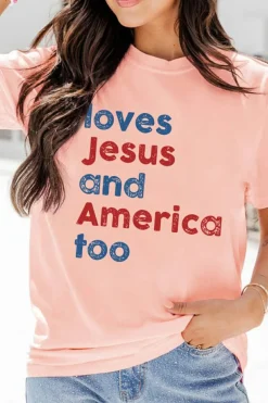 Clearance Dear-Lover loves Jesus and America too Vintage Letter Graphic Tee Pink