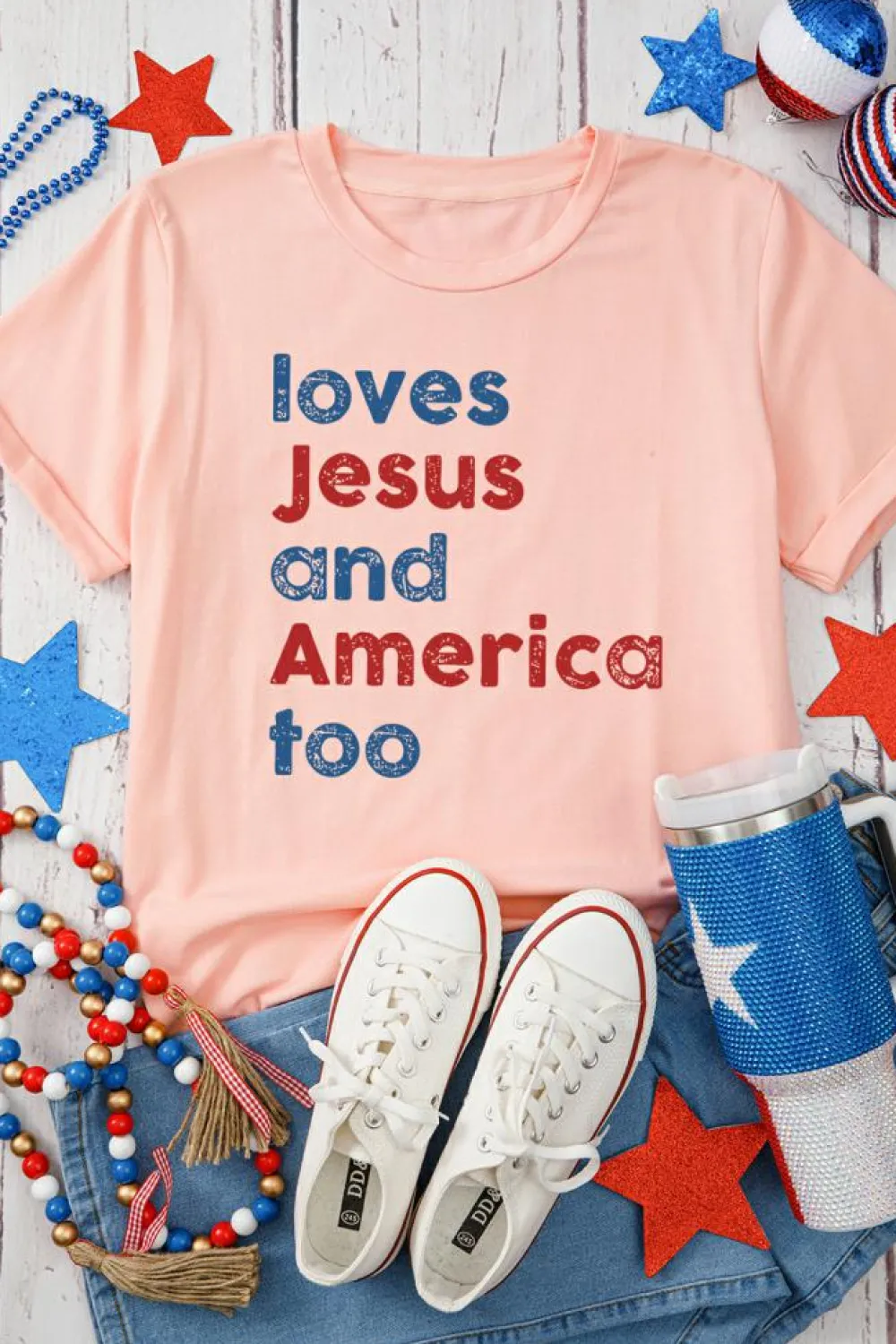 Clearance Dear-Lover loves Jesus and America too Vintage Letter Graphic Tee Pink