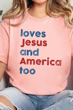 Clearance Dear-Lover loves Jesus and America too Vintage Letter Graphic Tee Pink