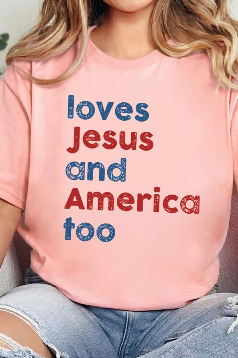 Clearance Dear-Lover loves Jesus and America too Vintage Letter Graphic Tee Pink