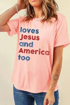 Clearance Dear-Lover loves Jesus and America too Vintage Letter Graphic Tee Pink