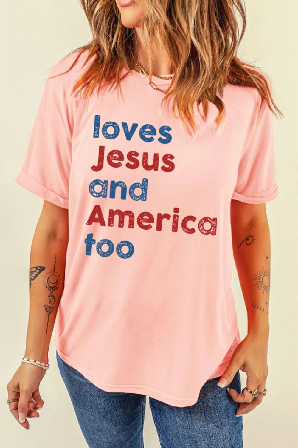 Clearance Dear-Lover loves Jesus and America too Vintage Letter Graphic Tee Pink