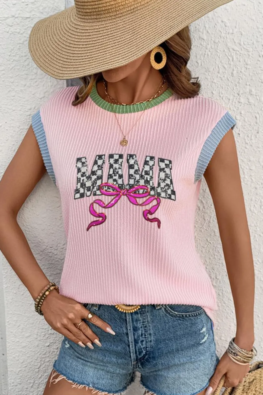 Discount Dear-Lover MAMA Bow Graphic Contrast Trim Cap Sleeve 3D Rib T Shirt Pink