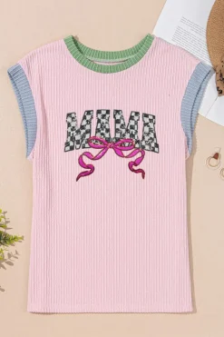Discount Dear-Lover MAMA Bow Graphic Contrast Trim Cap Sleeve 3D Rib T Shirt Pink