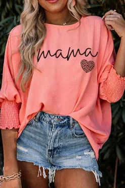 Clearance Dear-Lover mama Leopard Heart Print Shirred 3/4 Sleeve Top Pink
