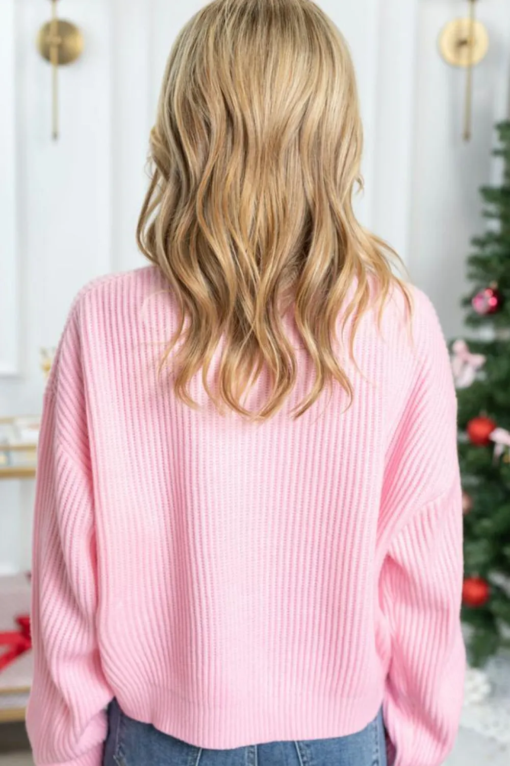 Fashion Dear-Lover Merry & Bright Pop Up Letter Waffle Knit Sweater Pink