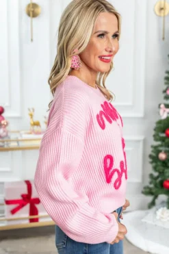 Fashion Dear-Lover Merry & Bright Pop Up Letter Waffle Knit Sweater Pink