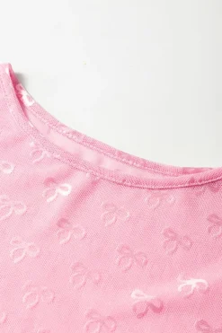 Online Dear-Lover Mesh Bow Pattern Long Sleeve Top Pink