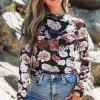 Hot Dear-Lover Mesh Floral Print Mock Neck Long Sleeve Slim Top Pink