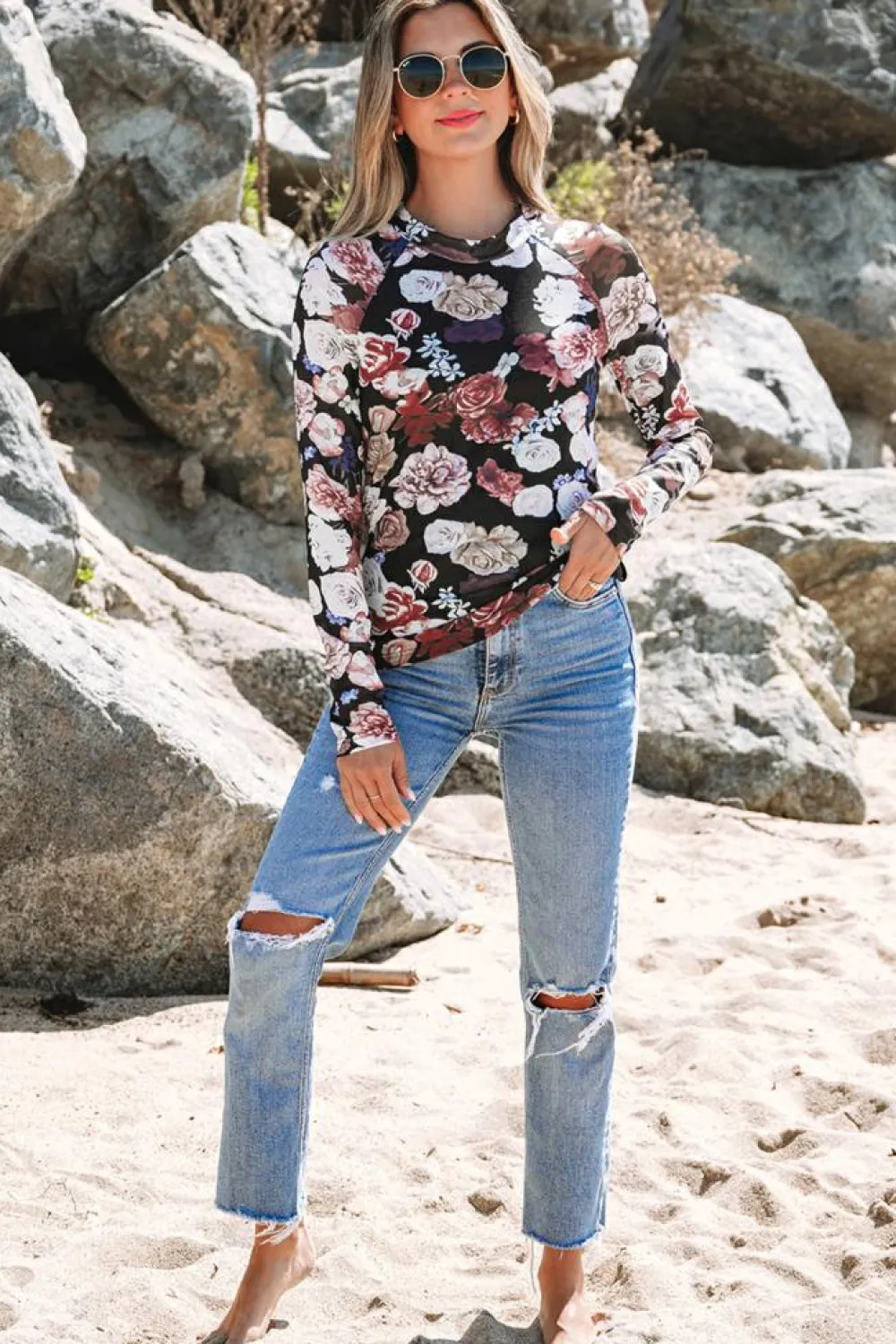 Hot Dear-Lover Mesh Floral Print Mock Neck Long Sleeve Slim Top Pink