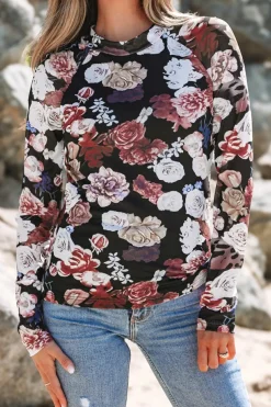 Hot Dear-Lover Mesh Floral Print Mock Neck Long Sleeve Slim Top Pink