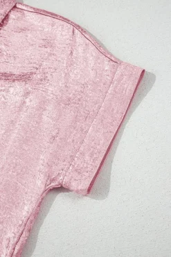 Outlet Dear-Lover Metallic Sheen Short Sleeve Buttoned Front Casual Shirt Pink