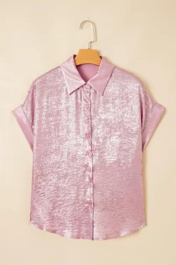 Outlet Dear-Lover Metallic Sheen Short Sleeve Buttoned Front Casual Shirt Pink